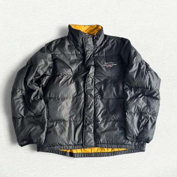 Vintage Polo Jeans by Ralph Lauren Feather Down Puffer Jacket in Black and Yello - Picture 1 of 8